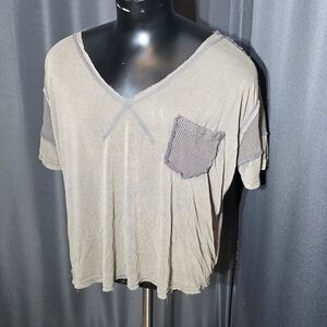 POL medium Distressed Wide Neck Tee With Pocket. Green